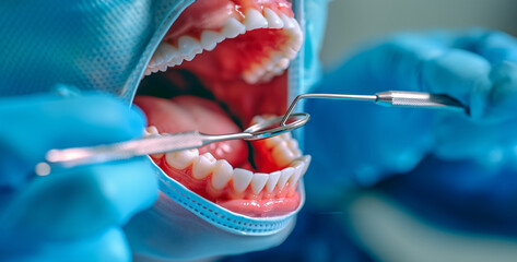 close up of dentist tools, a dental hygienist performing a thorough teeth cleaning for a patient in a dental clinic, promoting oral health and hygiene - Powered by Adobe