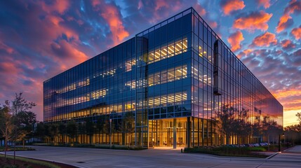 A panoramic view of an office building at dusk, its illuminated windows glowing against the fading twilight sky.