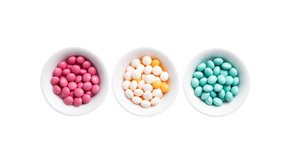 Colorful candies in bowl isolated on transparent background.