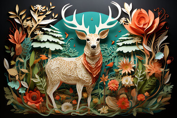 illustration of a deer in the forest with flowers and plants.