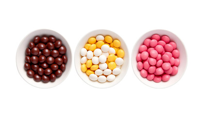 Colorful candies in bowl isolated on transparent background.