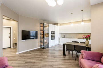 interior kitchen and dining room, refectory area, cooking equipment, table furniture, stove