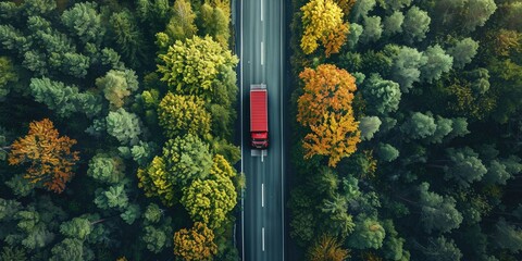 Red huge truck seen from above traveling through a woodland on a little road. Generative Ai.