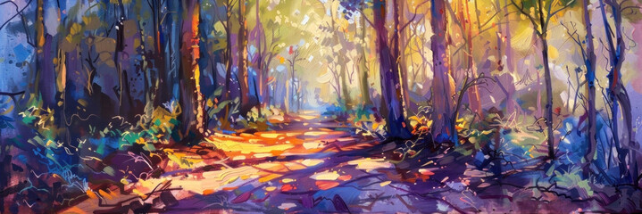 Enchanting digital painting of a sunlit forest path, awash with vibrant color