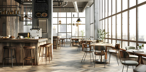 Interior of modern cafe with wooden walls, bar counter with stools and window with city view. - obrazy, fototapety, plakaty