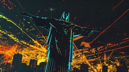 Cyberpunk Christ the Redeemer with Blue and Orange Hues Wallpaper Background