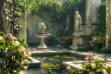 Serene Renaissance courtyard garden with a tranquil reflecting pool, marble statues.