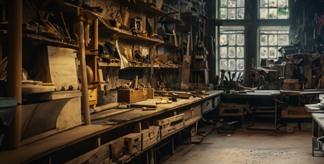 old abandoned factory, the precision and focus of a carpenter crafting fine furniture in a woodworking workshop, using hand tools and expertise to shape and assemble wood