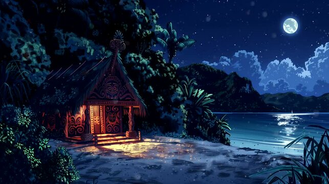 A traditional Maori wharenui with intricate carvings and woven flax panels on beach at night. Fantasy landscape anime or cartoon style, seamless looping 4k time-lapse video animation background