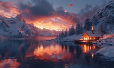An idyllic winter scene captured on canvas, with a cozy house nestled by a serene lake, surrounded by majestic snow-capped mountains and illuminated by a vibrant sky reflecting in the still waters