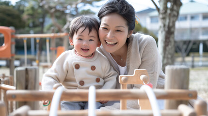 Fototapeta premium A smiling woman is holding a young child at a playground. 
