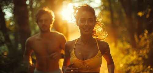 As the sun sets, a determined woman stands tall, her face glowing in the warm light as she runs through the trees, her chest rising and falling with each breath, clad in comfortable outdoor clothing