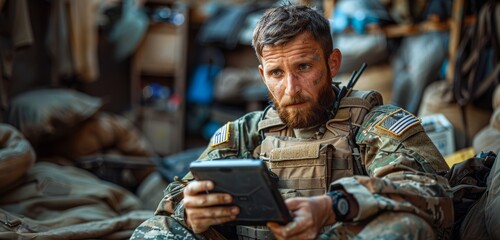 A determined soldier stands strong in his military uniform, his face illuminated by the glow of a tablet as he prepares for battle in the great outdoors