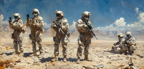 Fototapeta premium Under the vast sky, a troop of soldiers dressed in military uniforms and equipped with weapons and ballistic vests stand ready for battle, their camouflage blending seamlessly with the surrounding ou