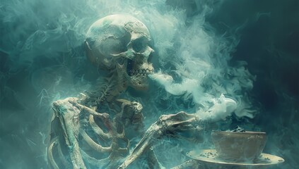An aquatic skeleton indulges in a final vice, puffing out its last breath of smoke before sinking into the depths of the sea