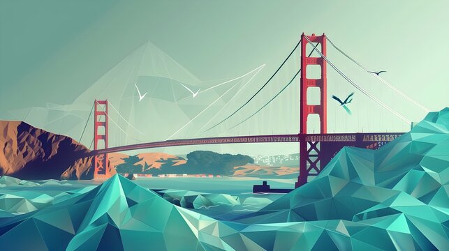 Low Poly Golden Gate Bridge in Teal and Tangerine Sunset Wallpaper Background