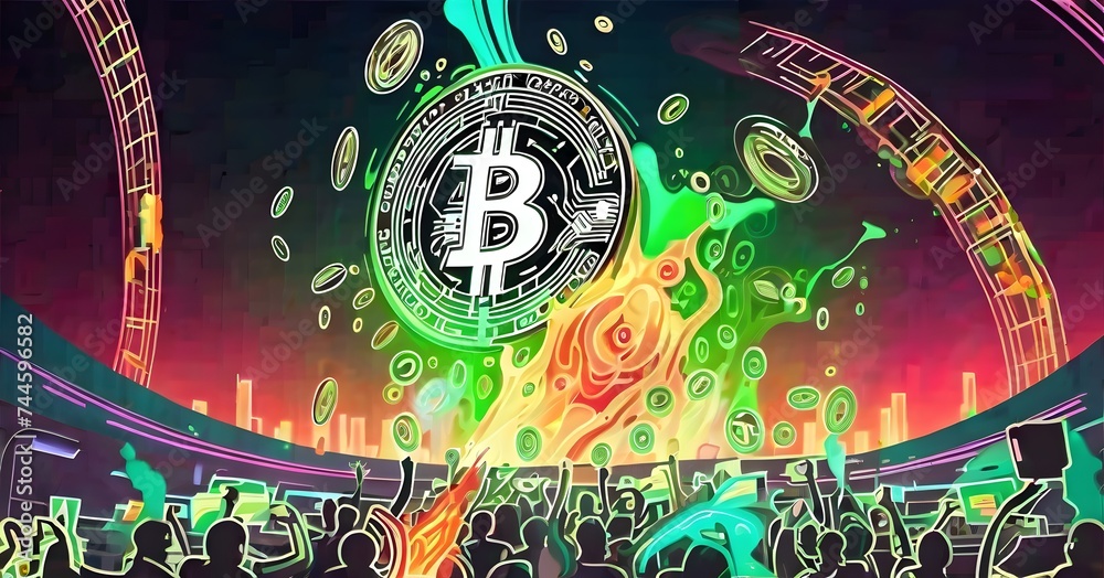 Poster a collection of bitcoins are displayed floating in the air on a vibrant background, creating an arti