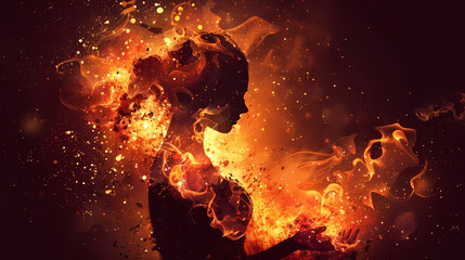 Fiery Woman Silhouette Against Dark Background