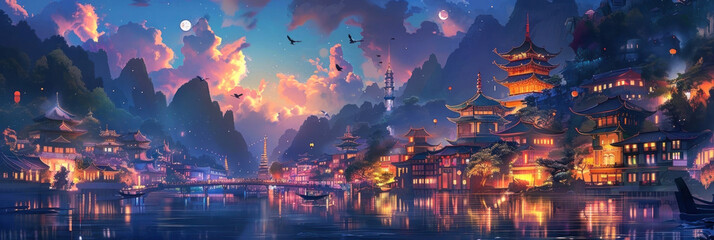 Immerse in a breathtaking fantasy cityscape with traditional asian architecture