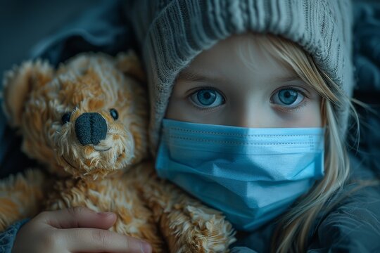 A young girl finds comfort and protection in her beloved teddy bear, as she navigates the uncertainties of wearing a mask indoors