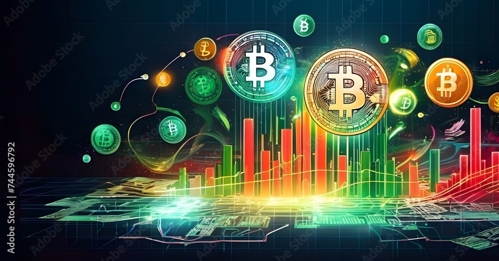 Poster a mesmerizing art display of bitcoins floating in a circle, illuminated by visual effect lighting on