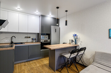 interior kitchen and dining room, refectory area, cooking equipment, table furniture, stove