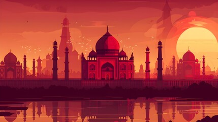 Silhouetted Taj Mahal at Sunset Orange and Red Hues Wallpaper Background - obrazy, fototapety, plakaty