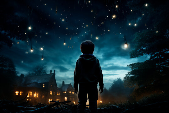 The boy looks up into the night sky, the evening starry sky.