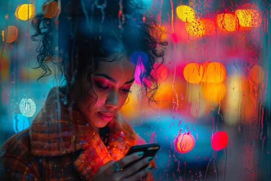 A woman's face, framed by her colorful glasses, is illuminated by the soft light of her phone as she becomes lost in the art of digital connection