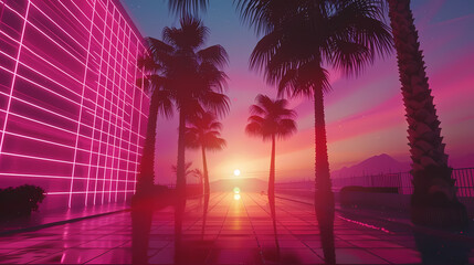 Neon Sunset Over a Virtual Beach With Palm Trees