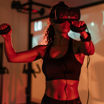 Virtual reality fitness coaching session personalized training in a simulated gym motivating soft light