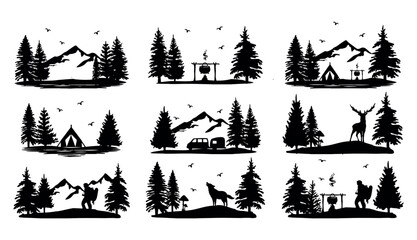 Camping tent tree mountain silhouette vector set © bleskk