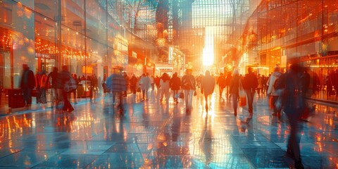 A group of people strolling through a shopping mall at night, their reflections shining in the amber light, surrounded by the bustling city streets and illuminated buildings, with the sound of rain p - obrazy, fototapety, plakaty