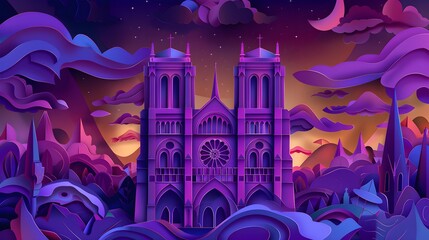 Fantasy Gothic Cathedral in Purple and Blue Hues Wallpaper Background