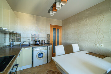 interior kitchen and dining room, refectory area, cooking equipment, table furniture, stove