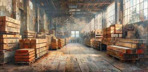 A dimly lit warehouse brimming with neatly stacked wooden pallets, serving as a tangible representation of the indoor inventory it holds - obrazy, fototapety, plakaty