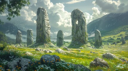 Neolithic villagers in lush green landscapes building stone monuments under ancient skies - obrazy, fototapety, plakaty
