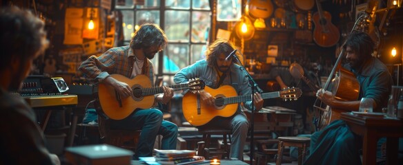 Two men strumming their guitars and harmonizing in a dimly lit bar, their passionate music and stylish clothing captivating the crowd - obrazy, fototapety, plakaty