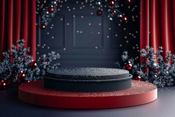 Elegant Christmas setup Crimson velvet background with porcelain podium mockup