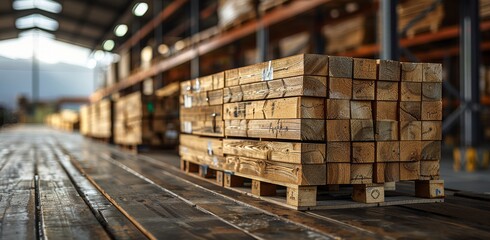 A towering stack of wooden lumber rests on pallets, ready to be used in the building process, with the tracks of the indoor space leading towards it on the ground - obrazy, fototapety, plakaty