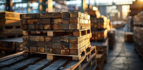 A towering stack of weathered wooden pallets stands as a testament to the endless supply of lumber and inventory needed for outdoor projects - obrazy, fototapety, plakaty