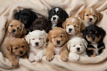 A chaotic cuddle puddle of fluffy puppies of different breeds, napping peacefully on a soft blanket