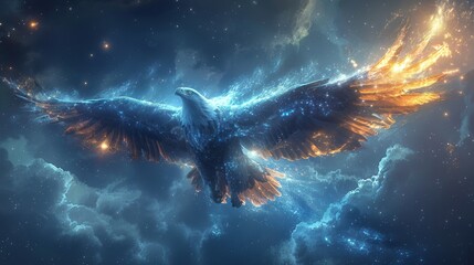 Eagle soaring in space galaxy patterned wings stars in its eyes majestic presence - obrazy, fototapety, plakaty