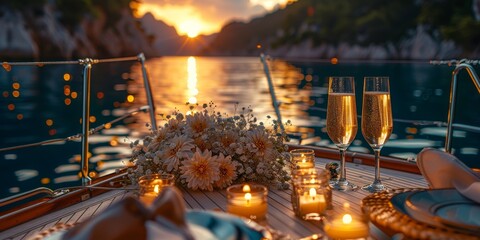 A romantic evening on the water, the soft glow of a candle illuminating a table set with delicate wine glasses and a bouquet of flowers