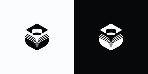 Vector logo design illustration of open book silhouette with graduation cap.