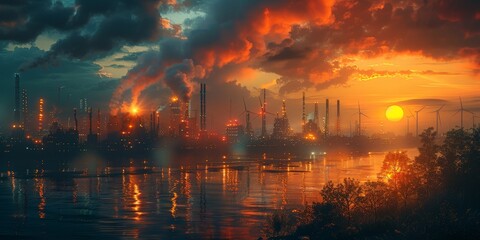 As the fiery sun sets over the tranquil water, a looming factory billows smoke into the vibrant sky, disrupting the peaceful nature surrounding it
