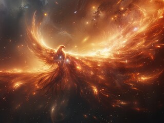Fototapeta na wymiar Cosmic phoenix rebirth with vibrant flames forming new galaxies in its wake