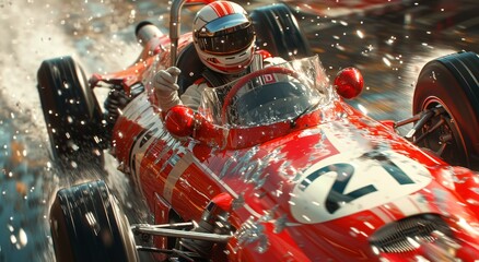 Fototapeta premium Roaring down the race track, a daring man in a vibrant red race car speeds past onlookers, his passion for motorsport evident in every turn