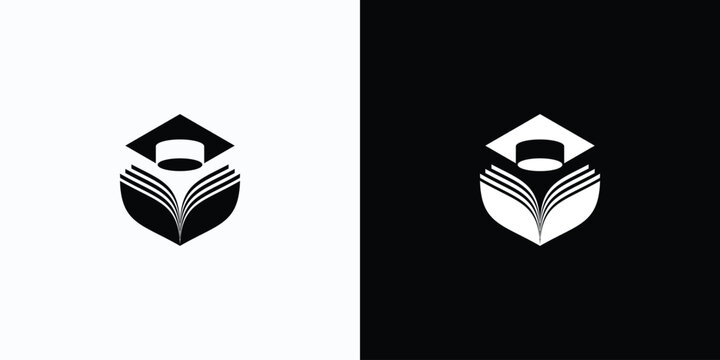 Vector logo design illustration of open book silhouette with graduation cap.