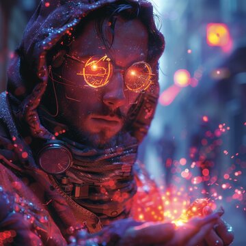 Cyberpunk seer casting blockchain spells neon glyphs urban backdrop dynamic angle